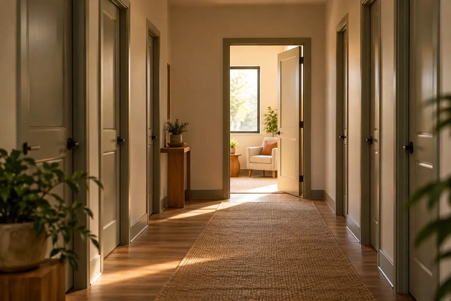 A corridor of identical closed office doors with a single door standing open onto a sunlit room.